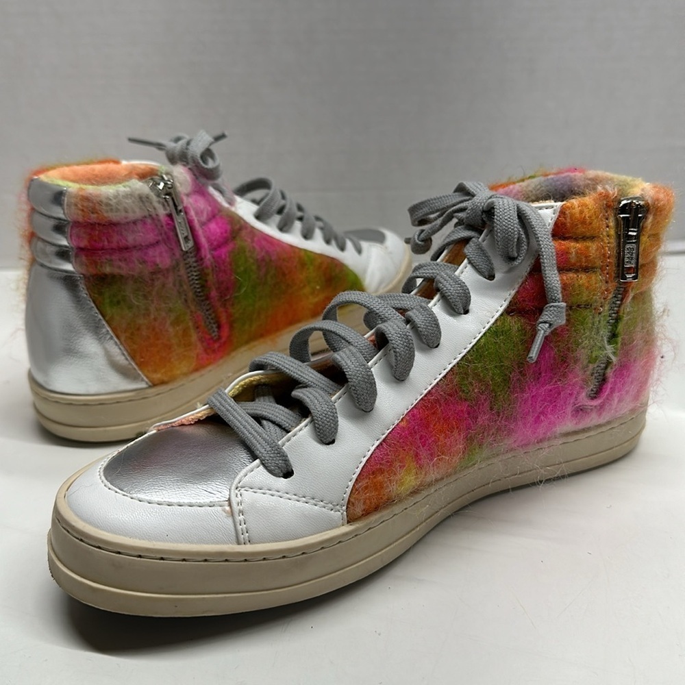 P448 Sneakers Shoes Lace Up Hi Top Shoe Colorful Fuzzy Rainbow Womens Size 8